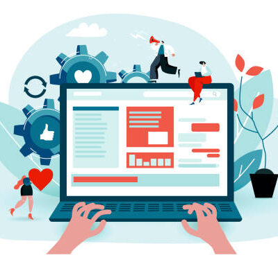 User surfs the internet, reads the news portal. Hands are typing on a laptop. Little characters help to find information. Blue and red colored vector illustration EPS 10 isolated on white