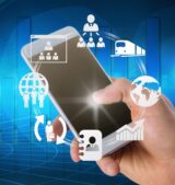 composite of hand using smartphone with graphics How Mobile Apps Improve Customer Engagement