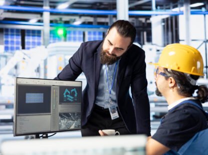 Engineers working together on solar panels plant assembly lines configuration IT Support for Construction Industry in Dubai