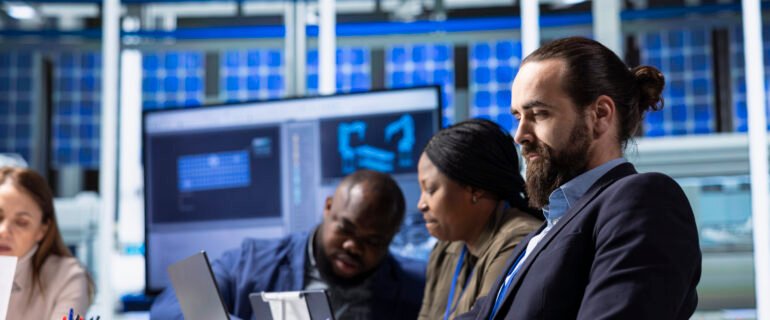 Man using laptop to write factory research and development data report : IT infrastructure setup Dubai office server networking 2026