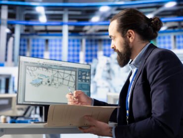 Supervisor inspecting solar plant machinery, looking over documentation files : IT infrastructure setup cost Dubai office 2026 price guide