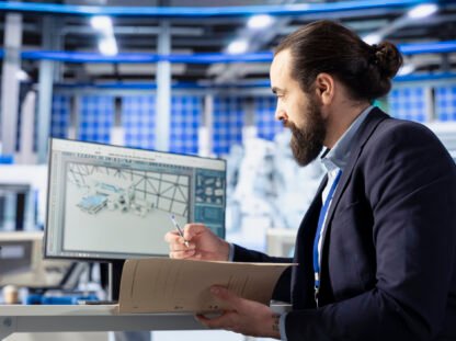 Supervisor inspecting solar plant machinery, looking over documentation files : IT infrastructure setup cost Dubai office 2026 price guide